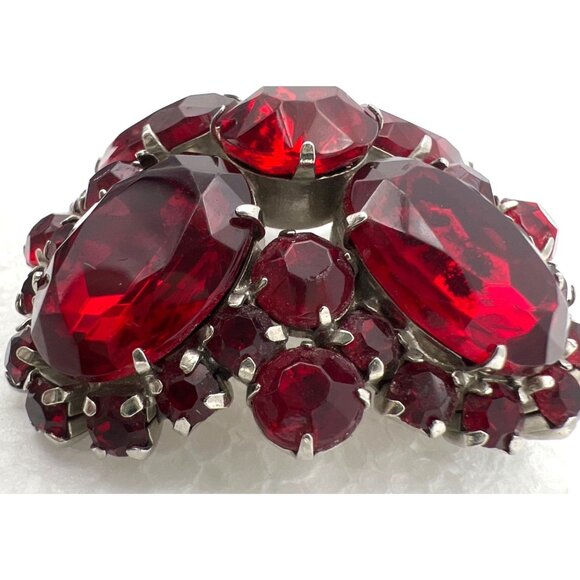 Vintage Red Rhinestone Brooch Pin Domed Prong Set Silver Tone Statement Runway - Picture 2 of 15